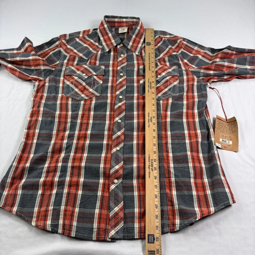 True Religion Western Shirt Mens 3XL Orange Plaid Pearl Snap Up Long Sleeve‎ NEW